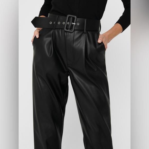 Halilu Faux Leather Pants size M Belted Zipper Elasticity Hight Waist - Picture 2 of 16